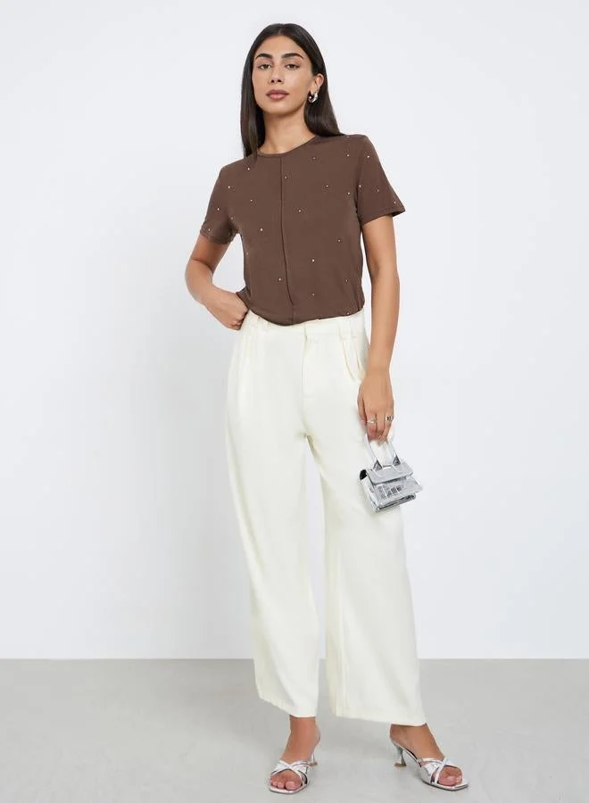 Styli Styli Brown Embellished Short Sleeve T-Shirt